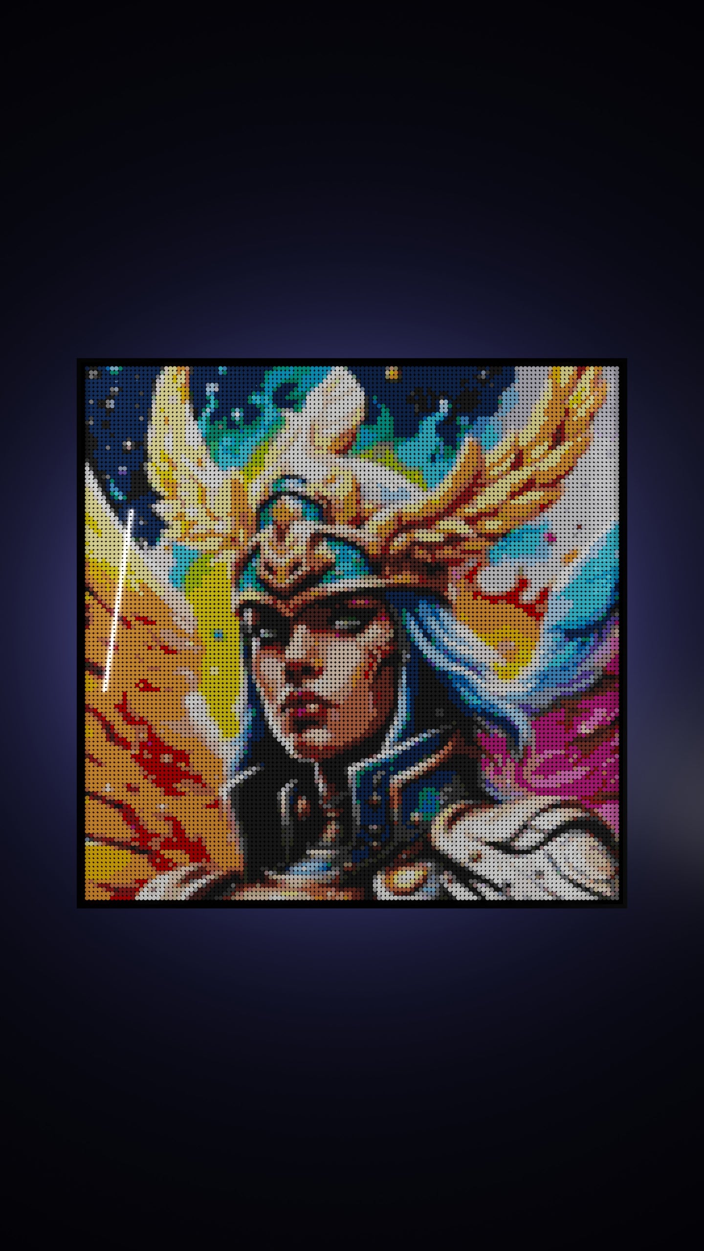 Valkyrie Vibrance LEGO® Style mosaic wall art made from colorful plastic bricks